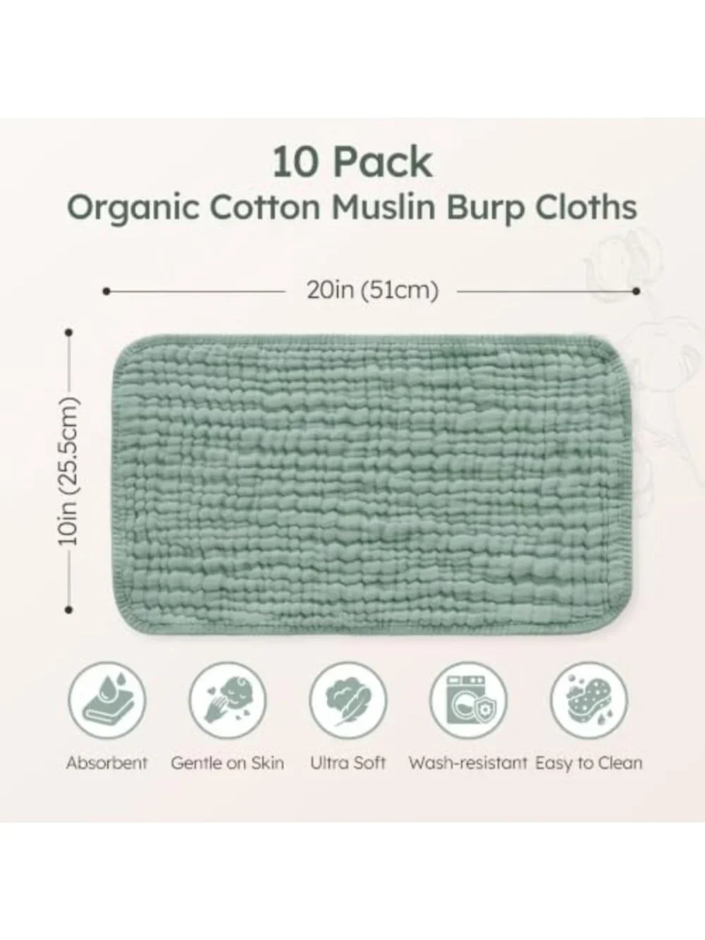 Organic Cotton Muslin Burp Cloths for Baby - 10 Pack, Large & Soft, Dark Green